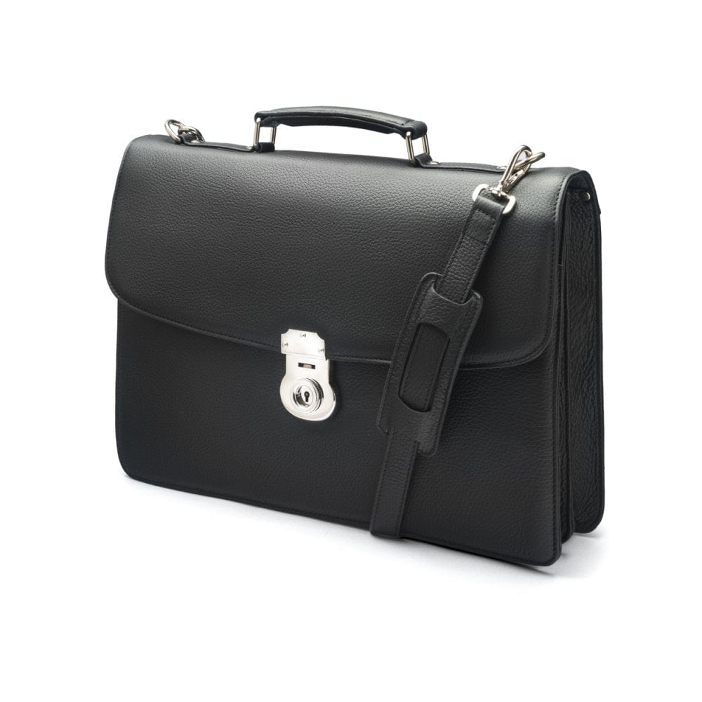 Leather briefcase with silver lock, Harvard, black pebble grain, side view