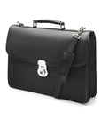 Leather briefcase with silver lock, Harvard, black pebble grain, side view