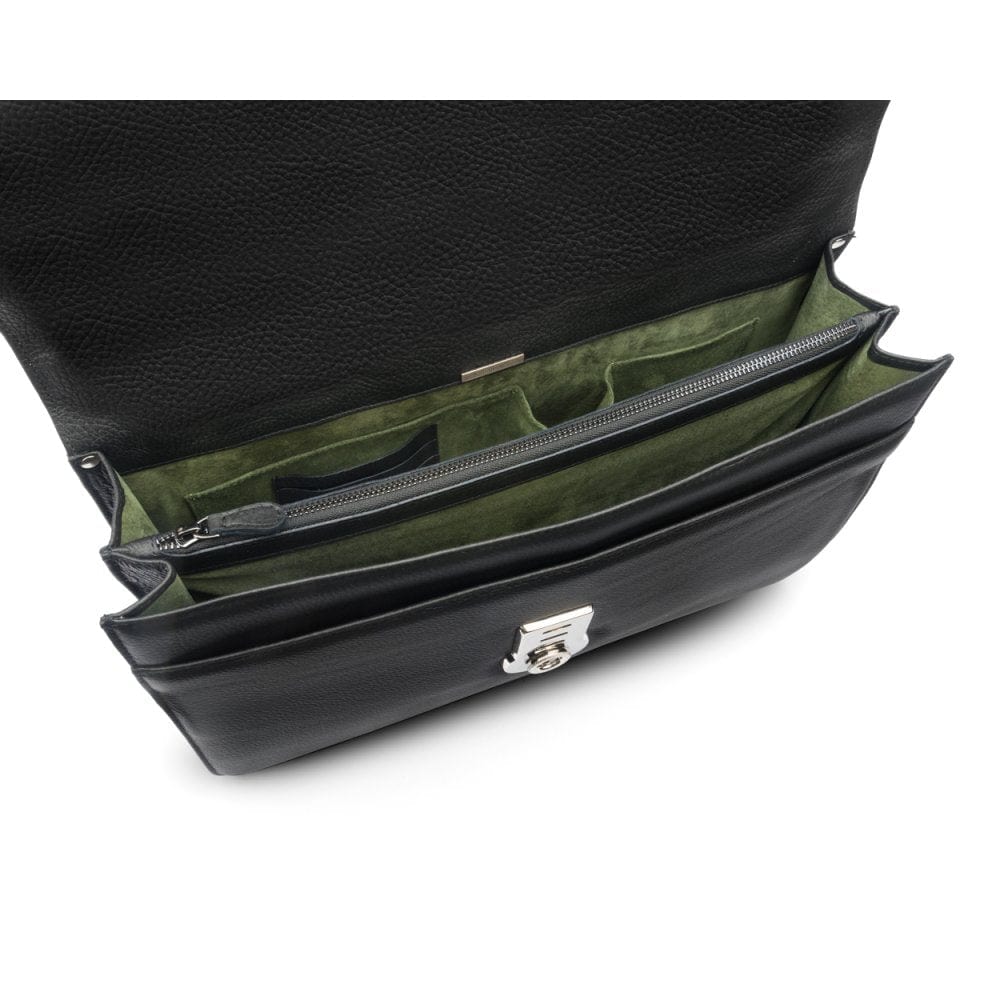 Leather briefcase with silver lock, Harvard, black pebble grain, inside