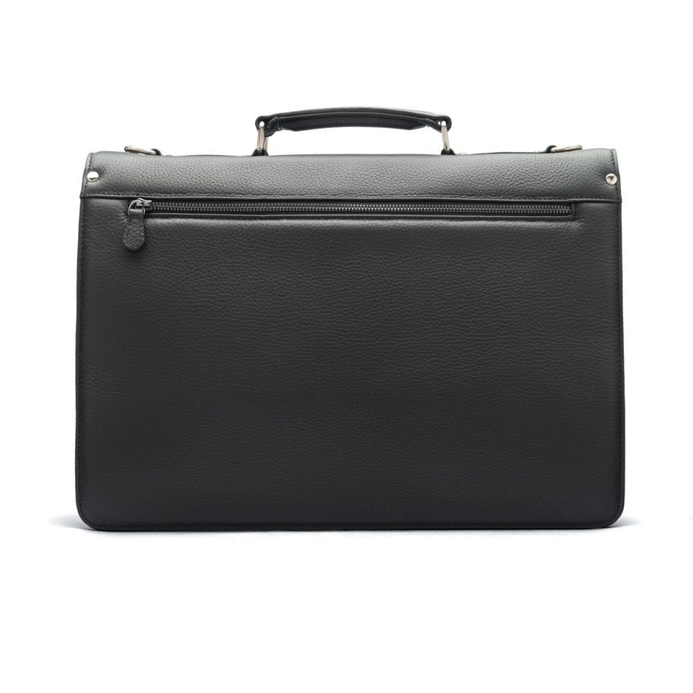 Leather briefcase with silver lock, Harvard, black pebble grain, back