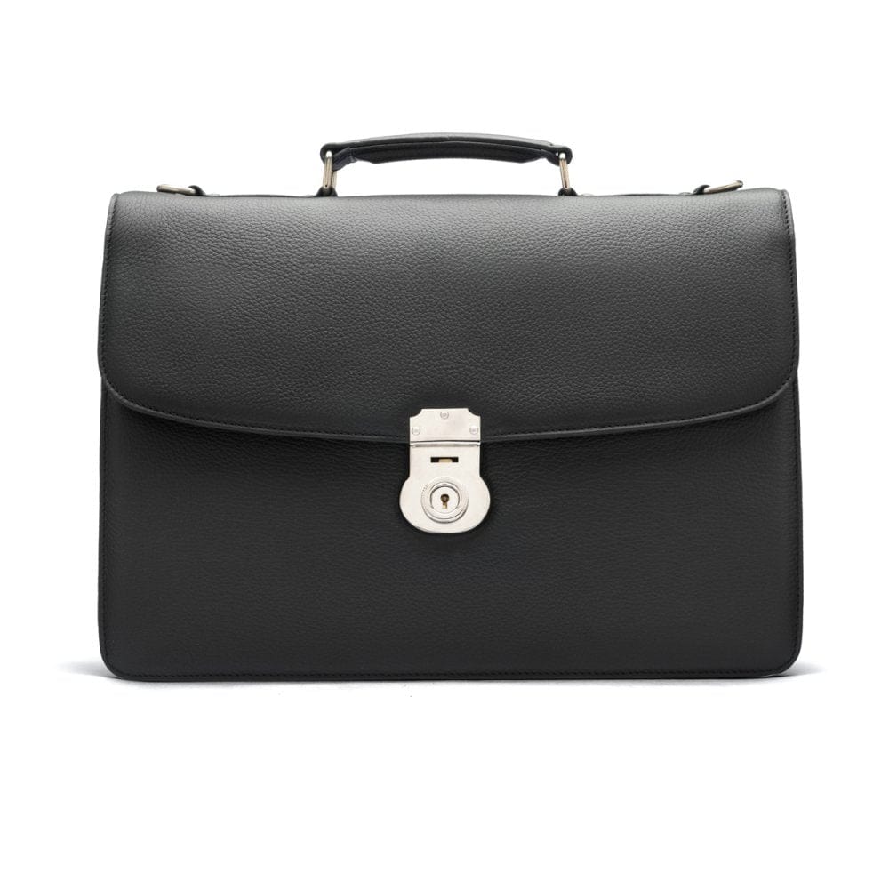 BlLeather briefcase with silver lock, Harvard, black pebble grain, front