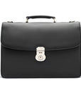 BlLeather briefcase with silver lock, Harvard, black pebble grain, front