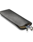 Large leather glasses case, black pebble grain, open