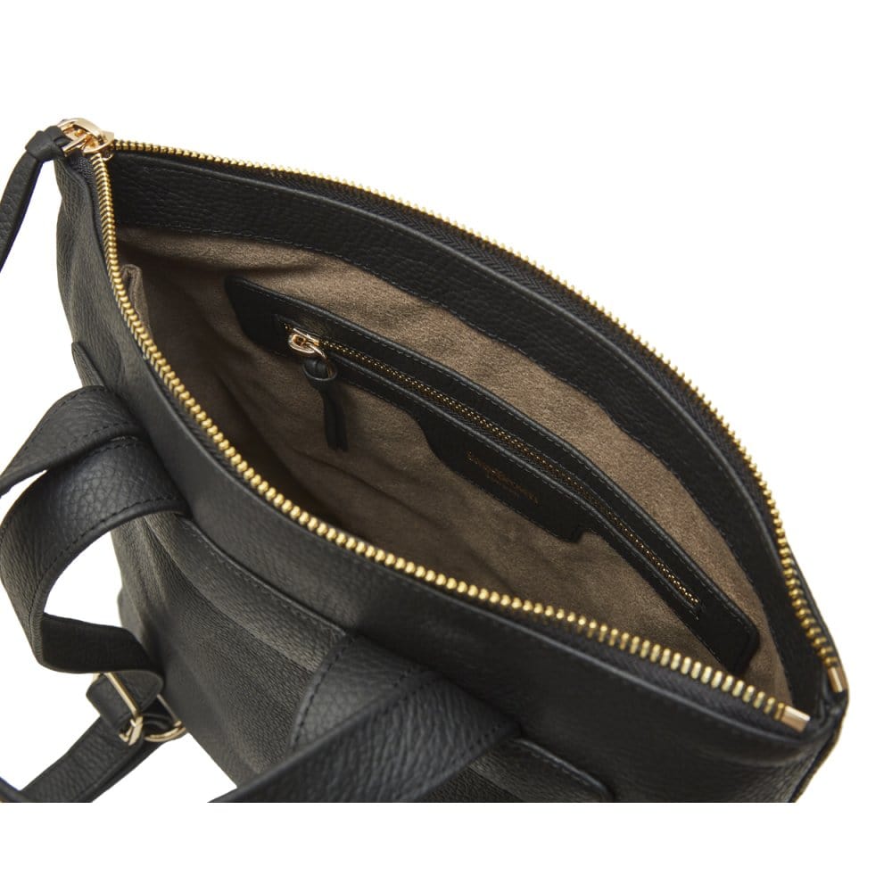 Leather 13" laptop backpack, black pebble grain, inside