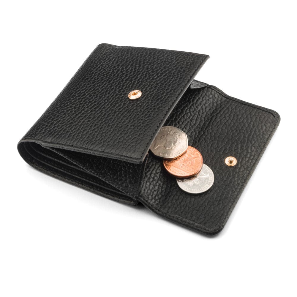 Women's leather purse with 6 cards and coins, black, open view
