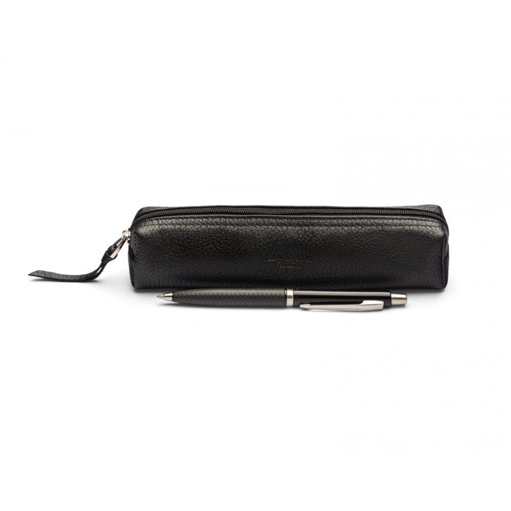 Leather pencil case, black pebble grain, front