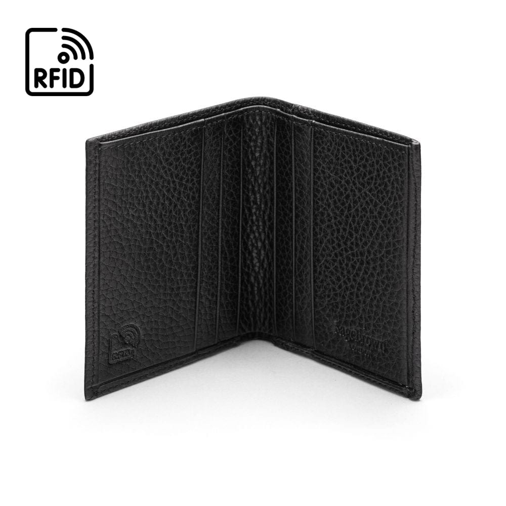 RFID leather wallet with 4 CC, black, open