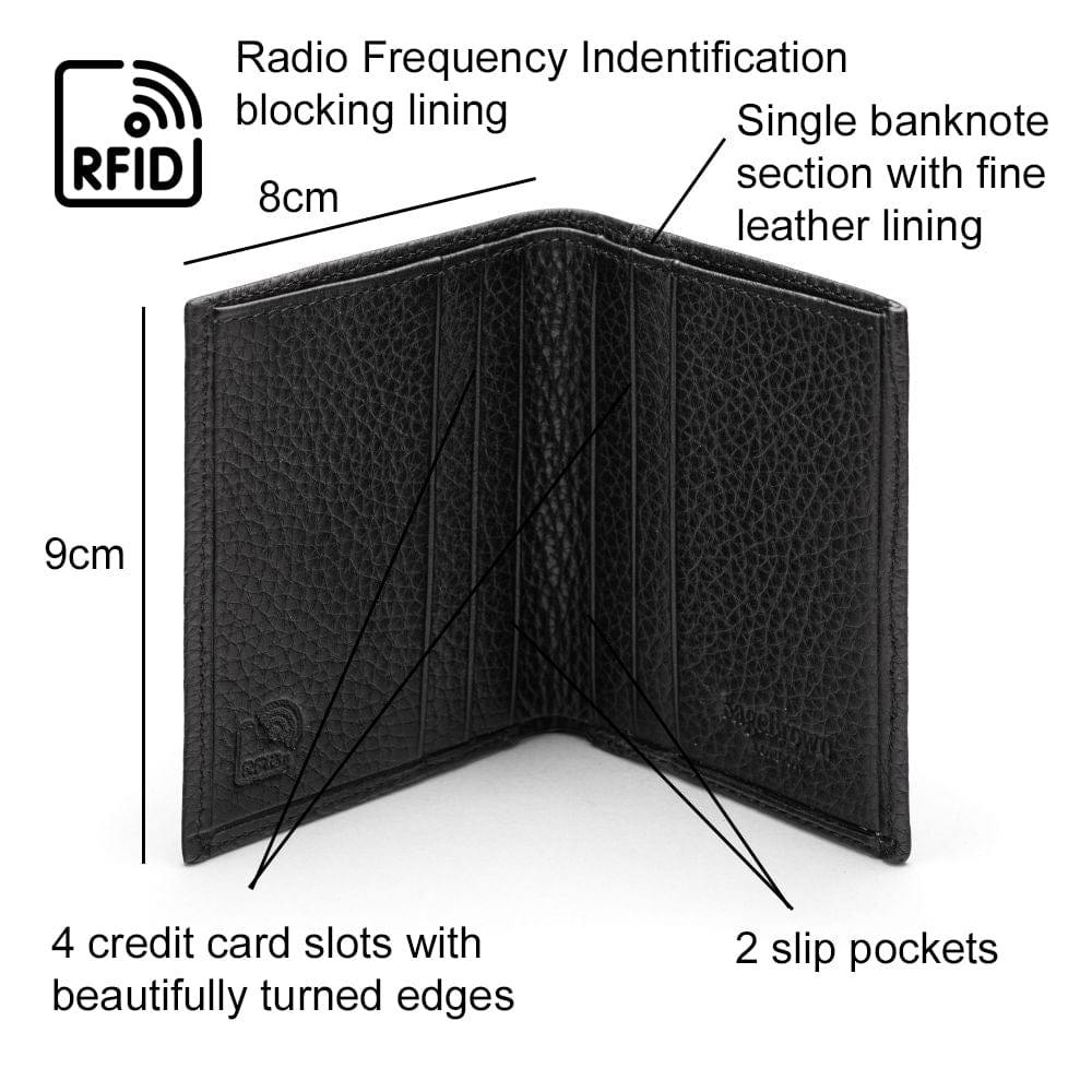 RFID leather wallet with 4 CC, black, features
