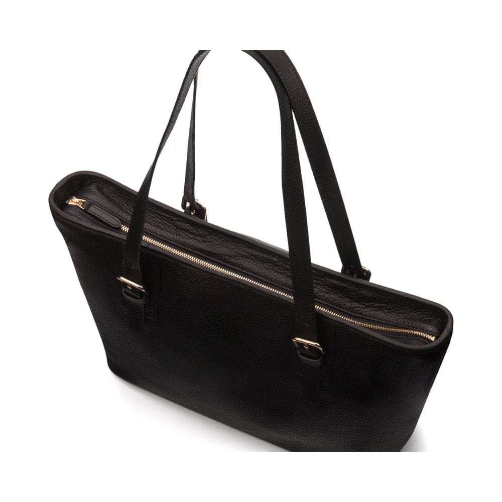 Women&#39;s leather 13&quot; laptop workbag, black, zip closure