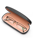 Hard rounded leather glasses case, black, open