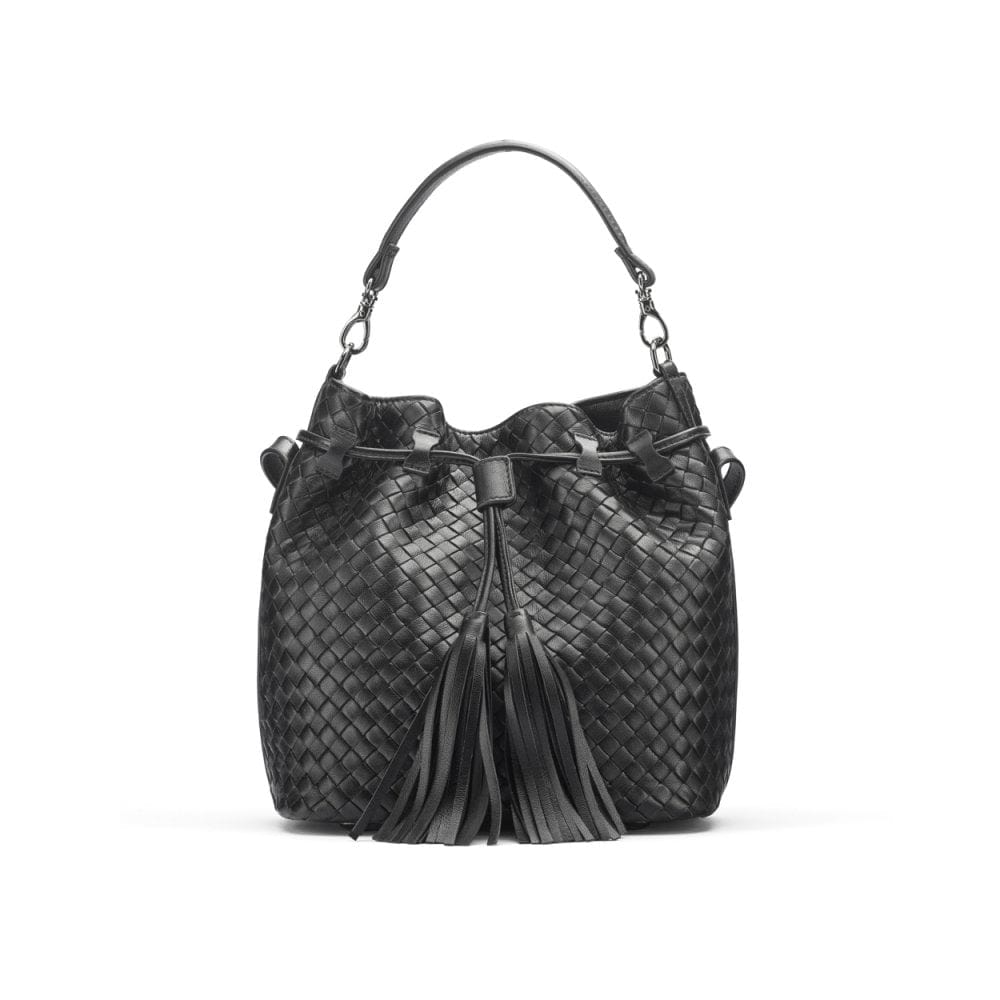 Black Kelly Woven Leather Bucket Bag