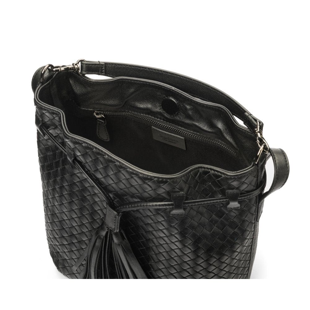 Black Kelly Woven Leather Bucket Bag