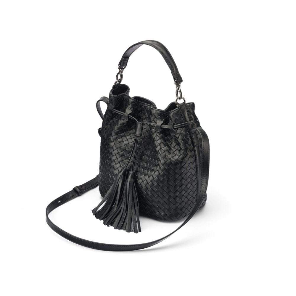 Black Kelly Woven Leather Bucket Bag