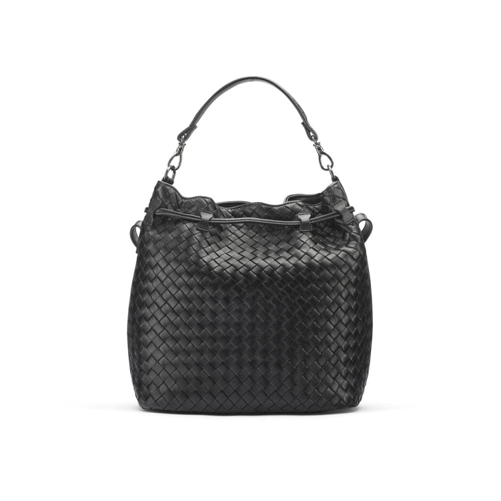 Black Kelly Woven Leather Bucket Bag