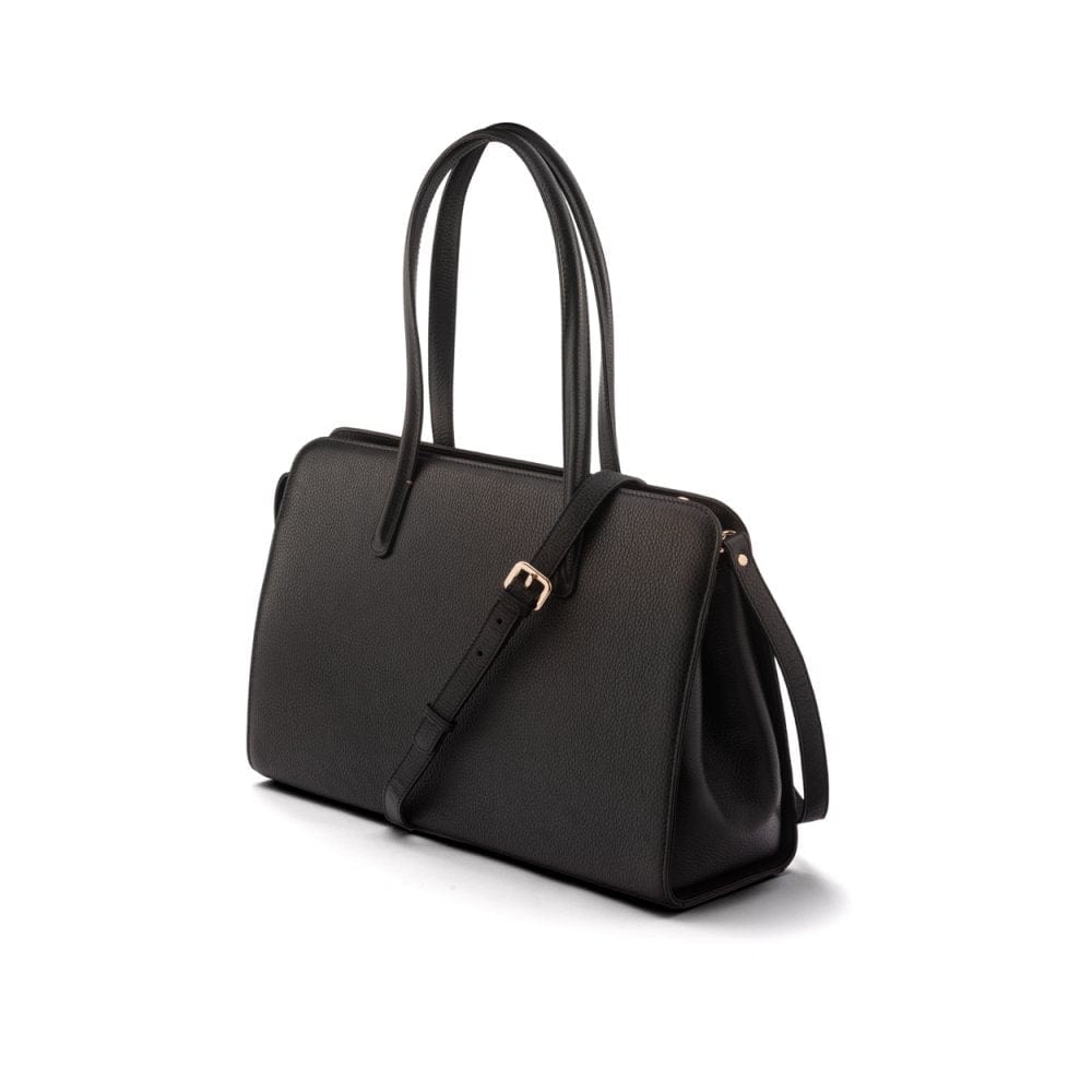 Ladies' leather 15" laptop handbag, black, with shoulder strap