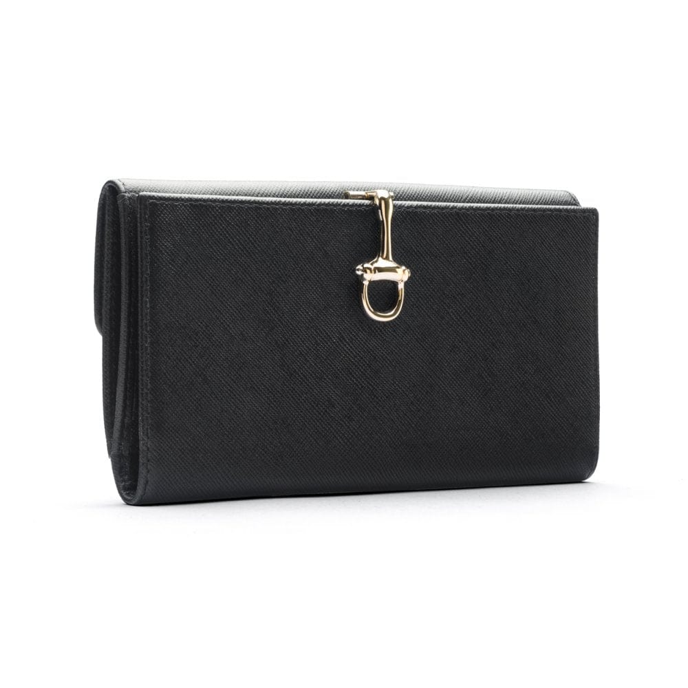 Black Ladies Tall Leather Purse With Brass Clasp 8 CC