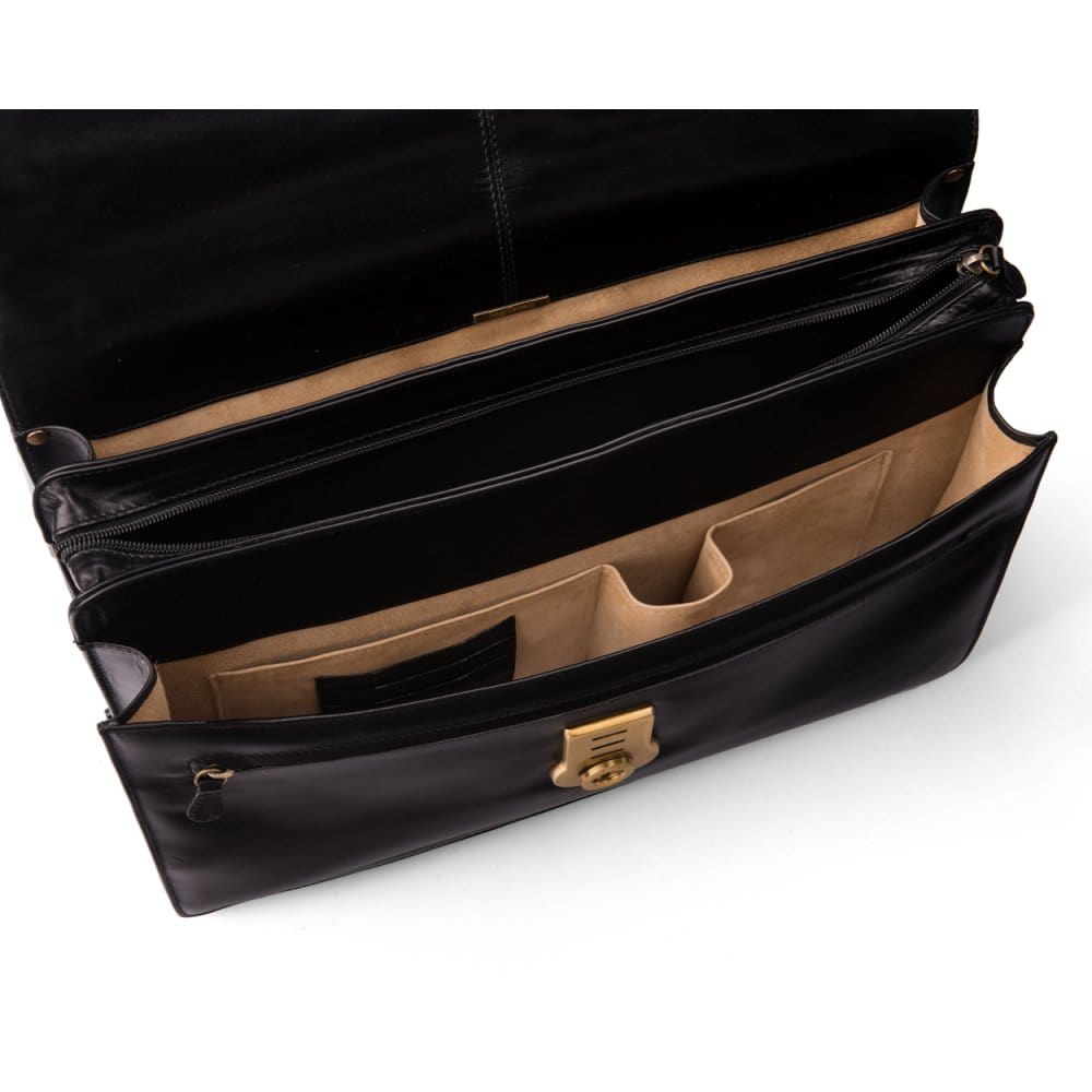 Black Leather Hatton Briefcase With Solid Brass Lock