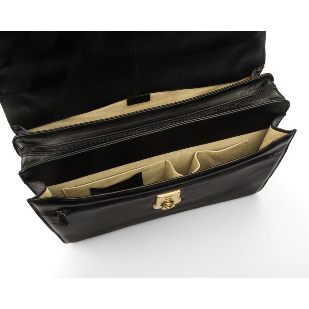 Black Leather Hatton Briefcase With Solid Brass Lock