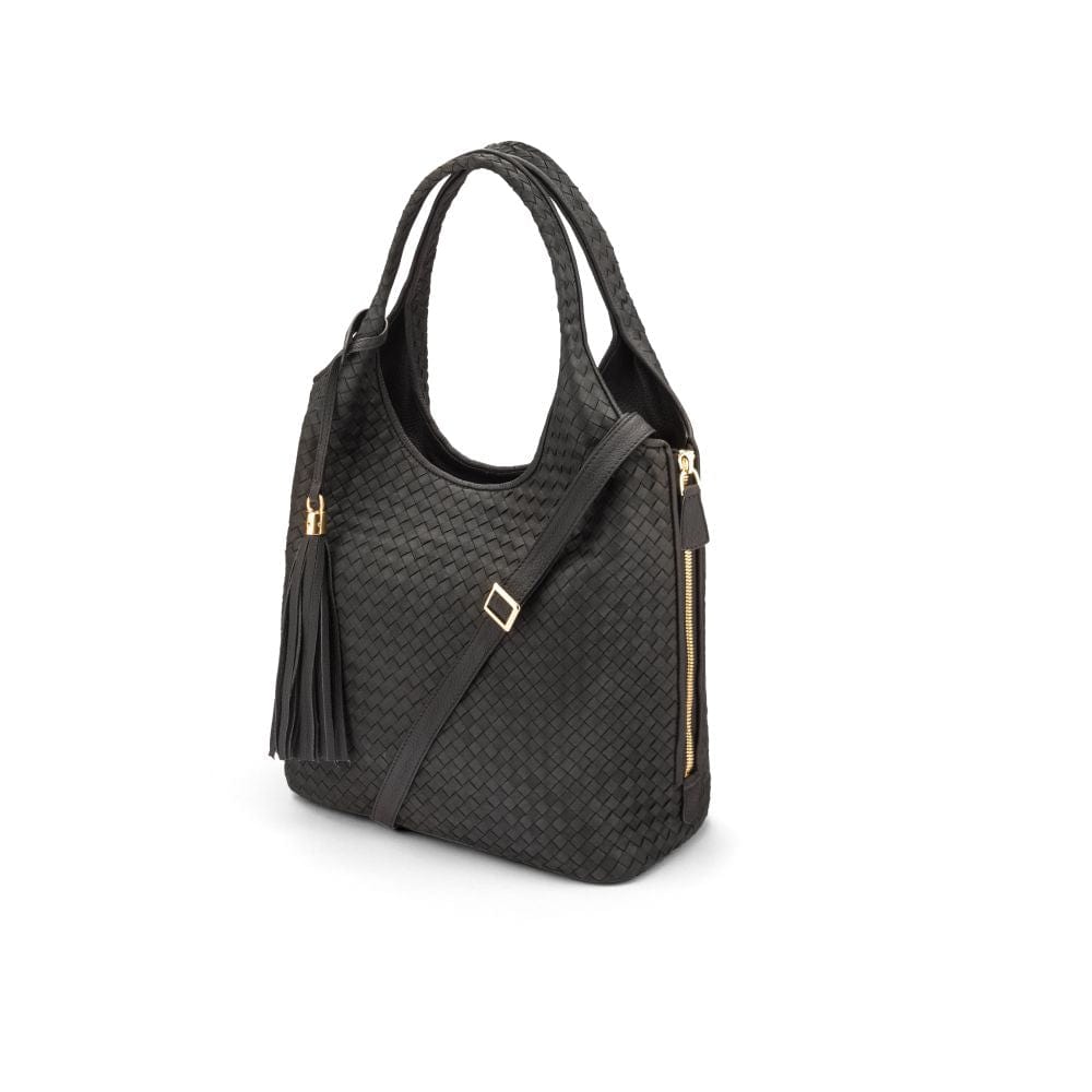 Large Woven Leather Bag - Black