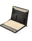 Leather A4 zip around document folder, black, open