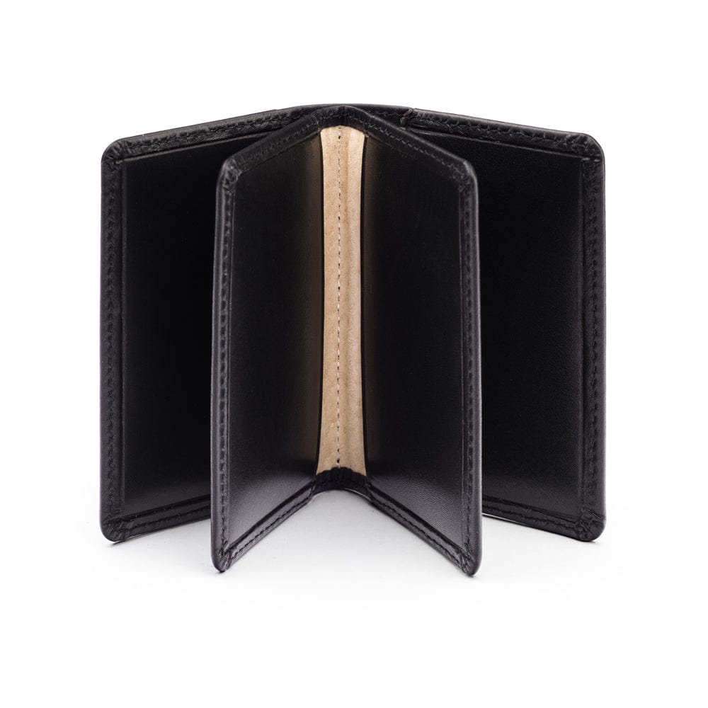 Leather bifold card wallet, black, open