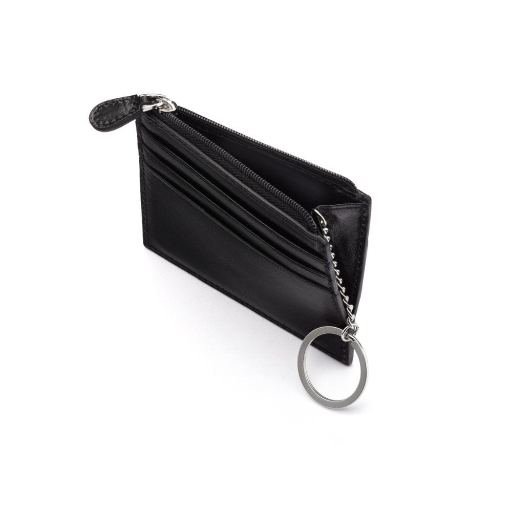 Leather card case with zip coin purse and key chain, black, open