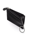 Leather card case with zip coin purse and key chain, black, open