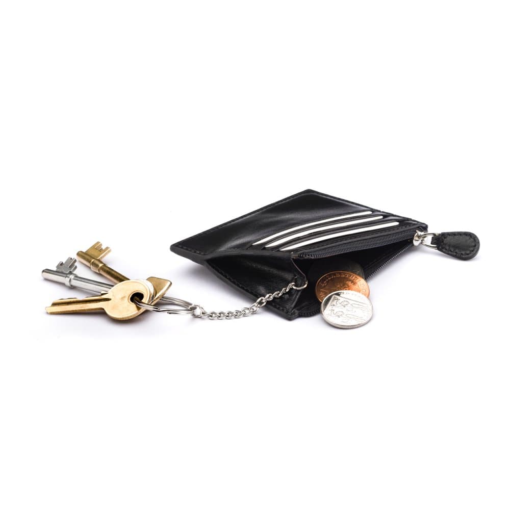 Leather card case with zip coin purse and key chain, black, inside