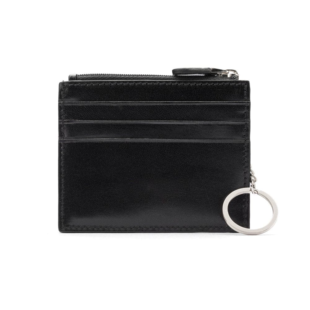 Leather card case with zip coin purse and key chain, black, front