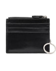 Leather card case with zip coin purse and key chain, black, front