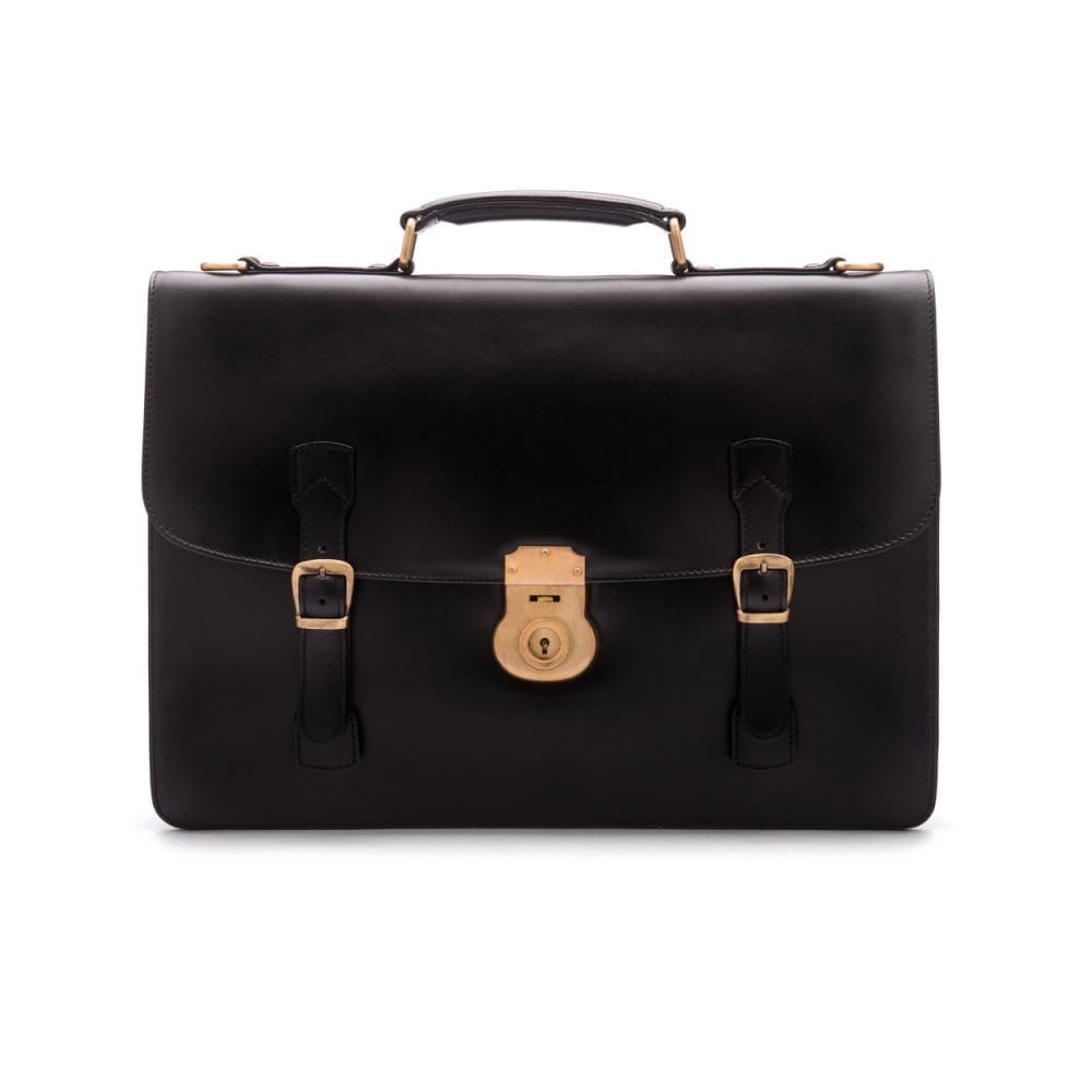 Leather satchel briefcase with straps and brass lock, black, front