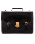 Leather satchel briefcase with straps and brass lock, black, front