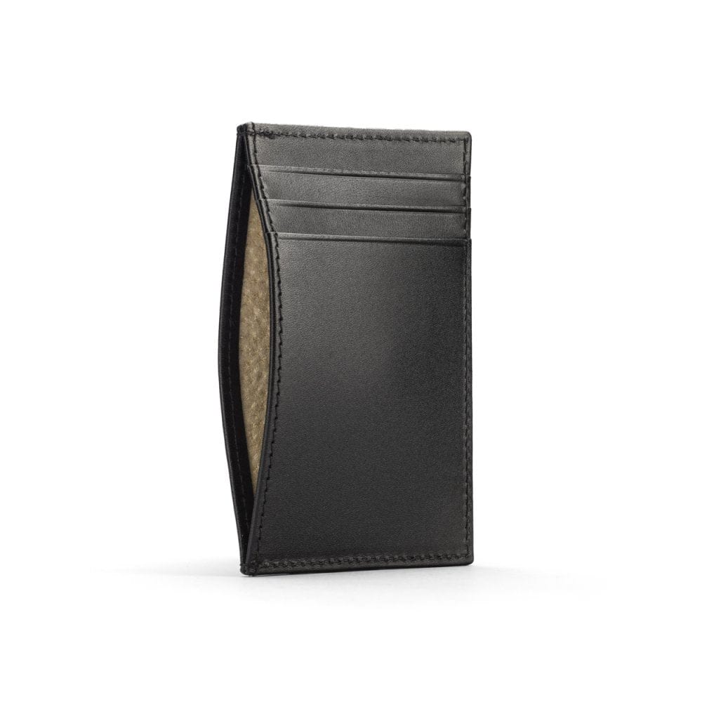 Flat leather credit card holder with middle pocket, 5 CC slots, black, front