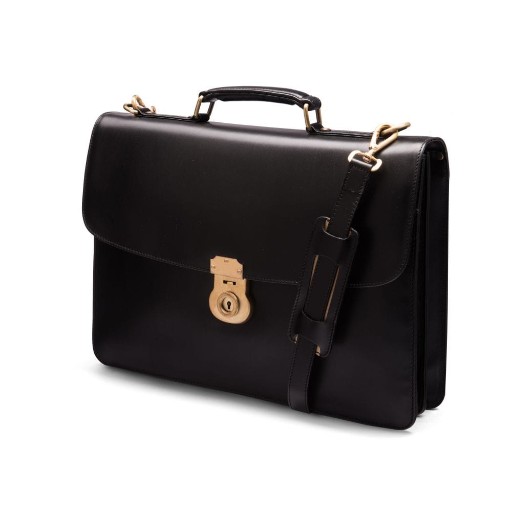 Leather briefcase with brass lock, Harvard, black, side