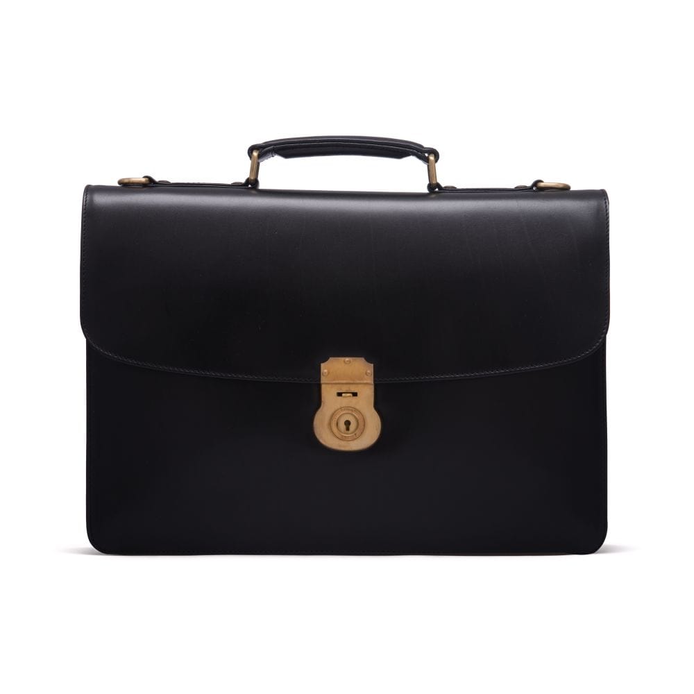Leather briefcase with brass lock, Harvard, black, front
