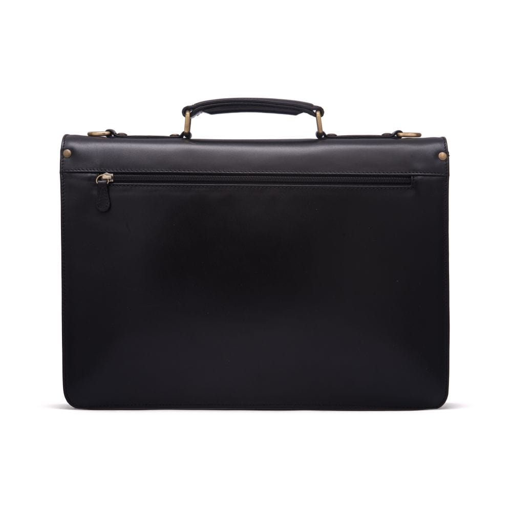 Leather briefcase with brass lock, Harvard, black, back