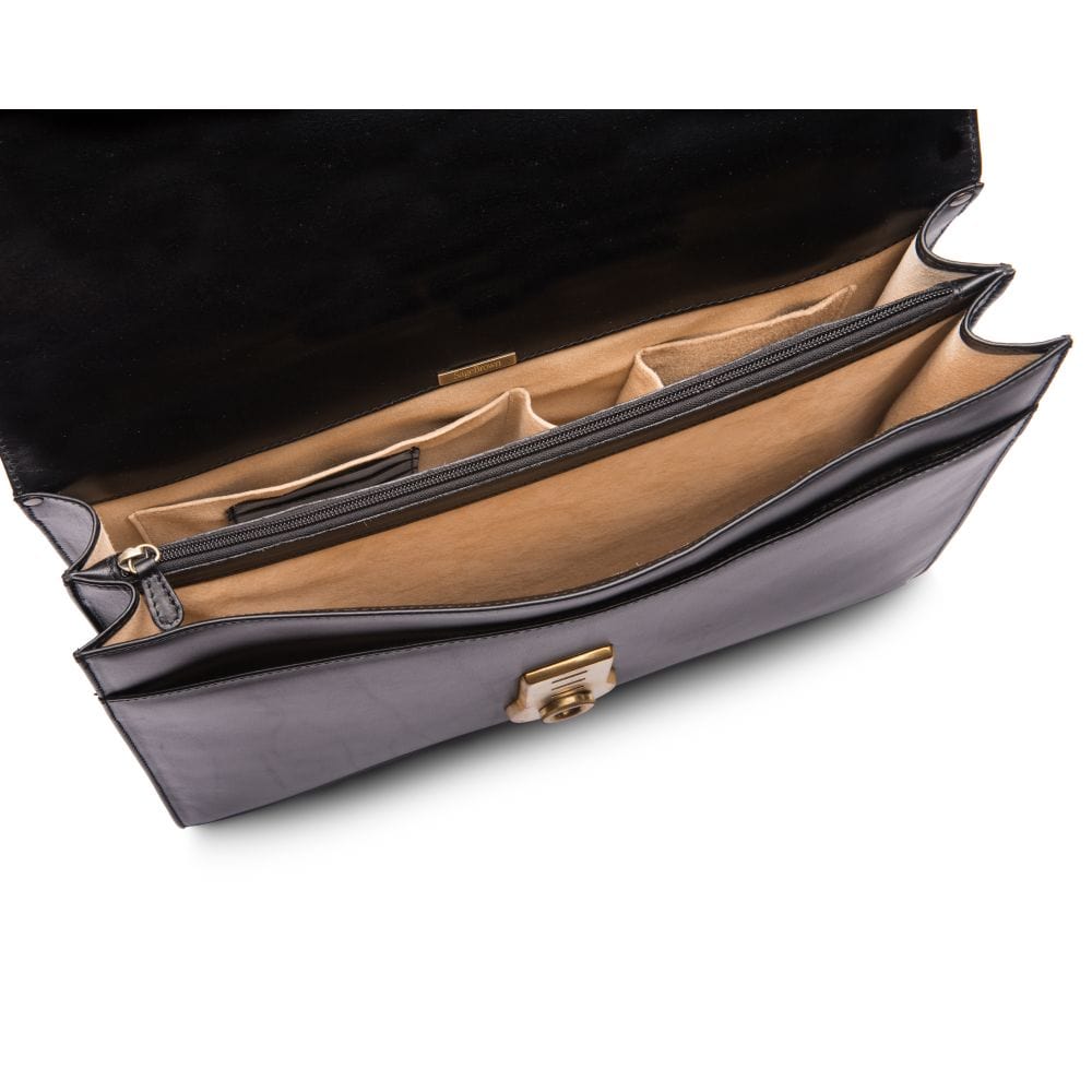 Leather briefcase with brass lock, Harvard, black, inside