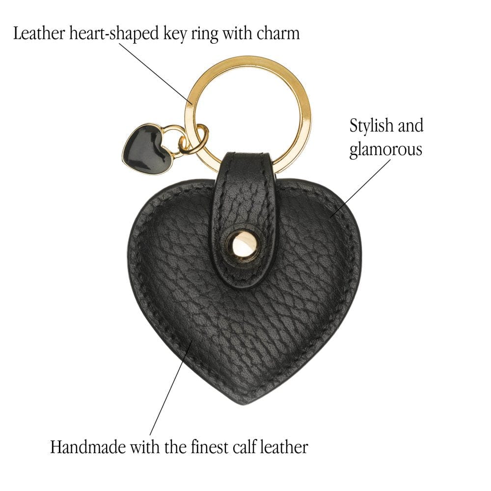 Leather heart shaped key ring, black, features