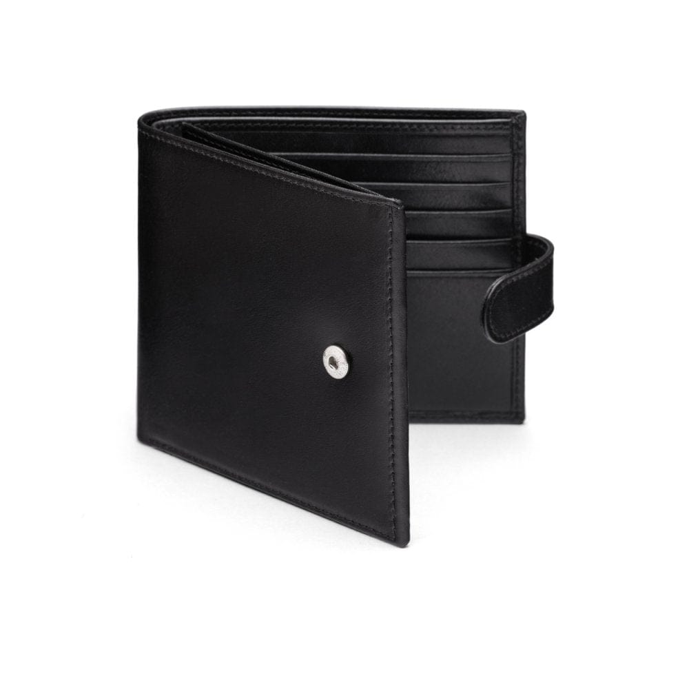 Leather wallet with tab closure, black, front