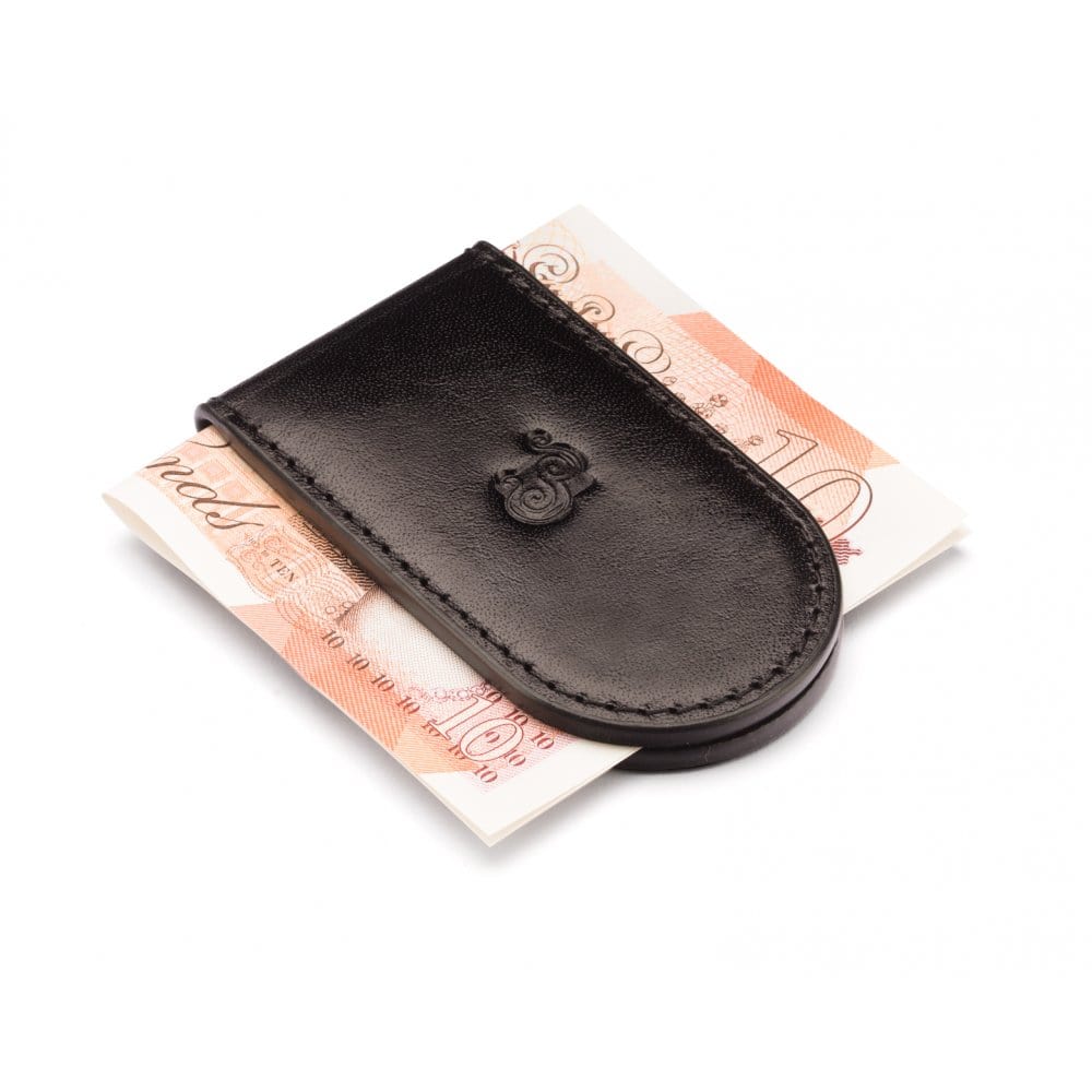 Leather Magnetic Money Clip, black, with cash