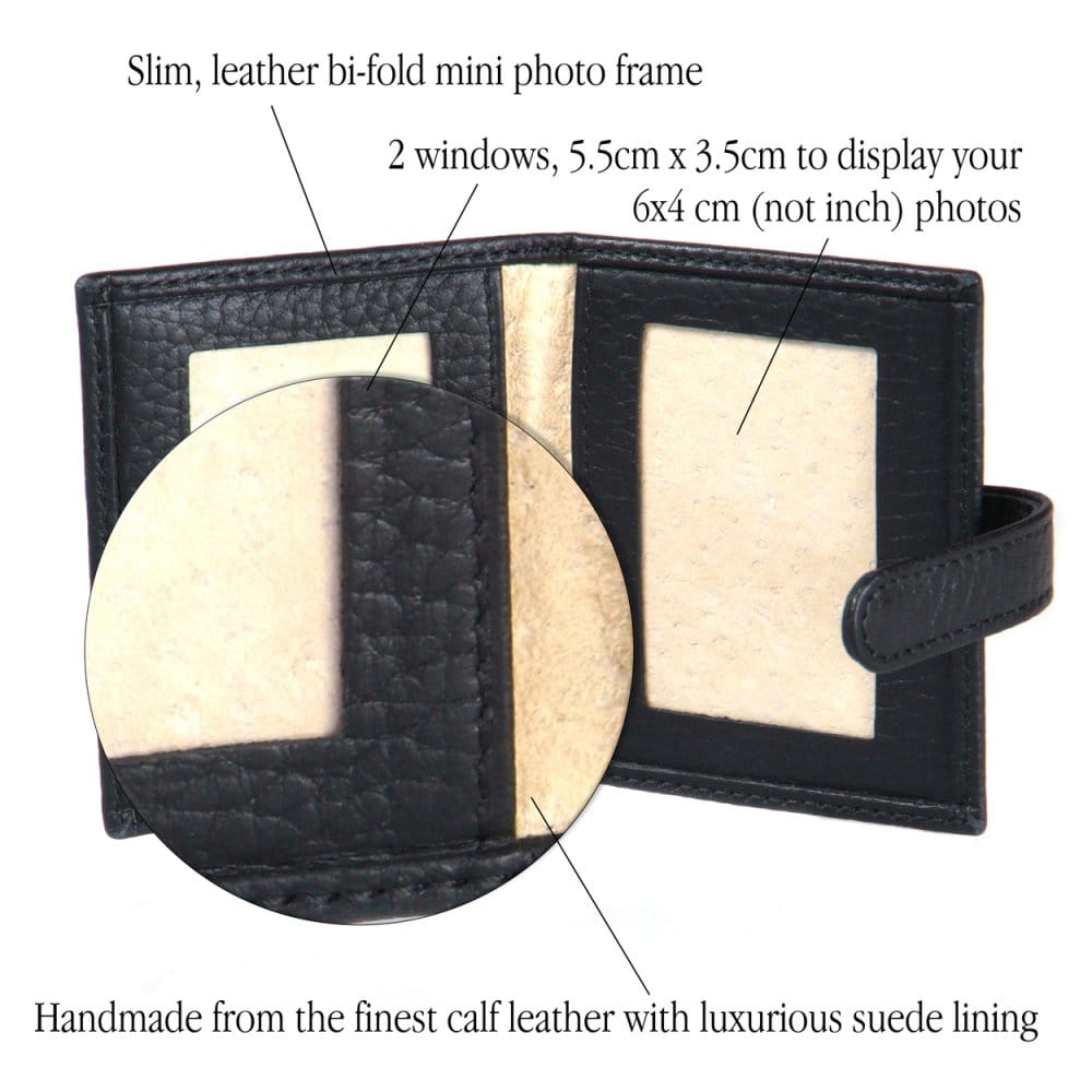 Mini leather passport photo frame, black, 60 x 40mm, features
