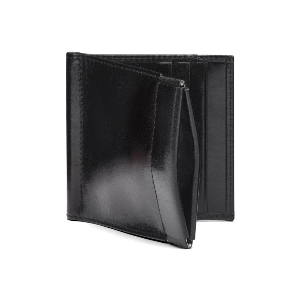 Leather money clip wallet with coin purse, black, front