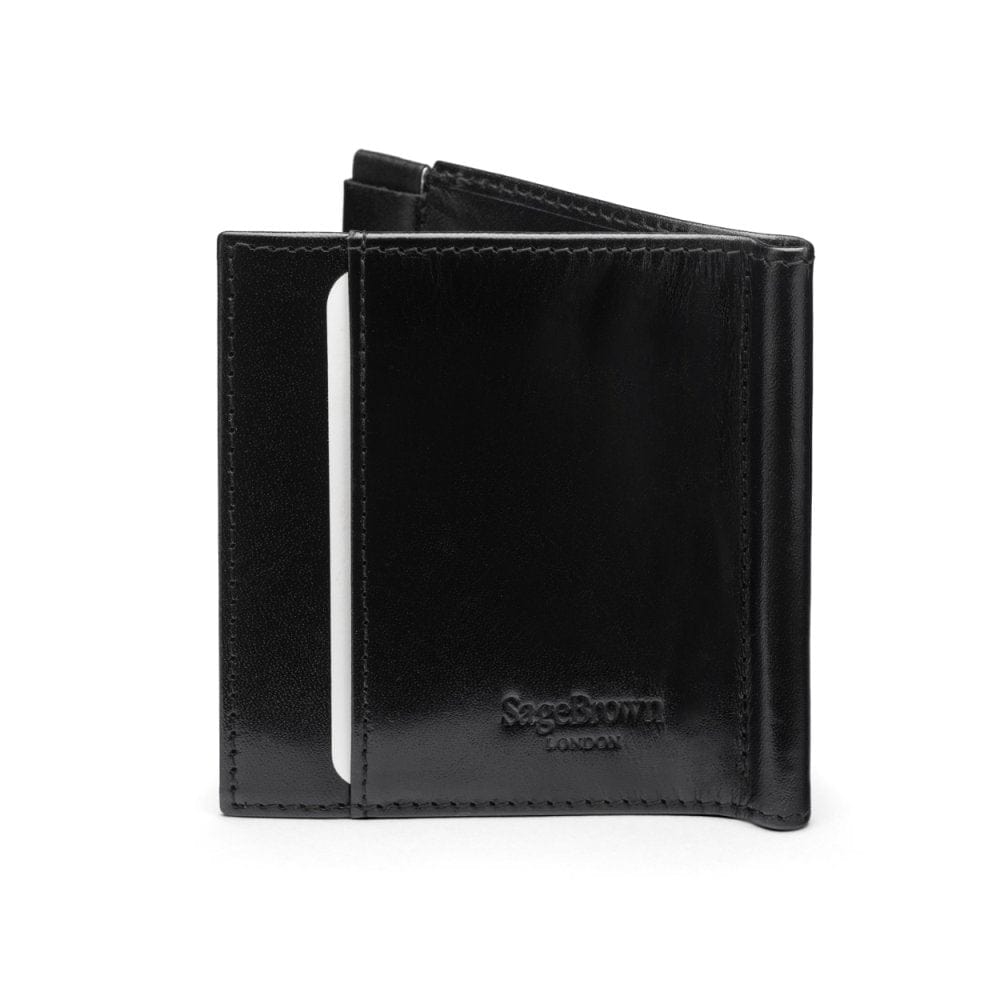 Leather money clip wallet with coin purse, black, back