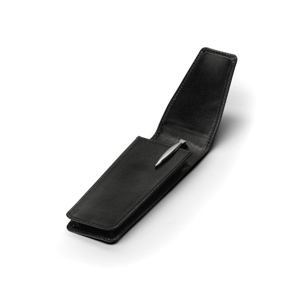 Leather pen case, black, open