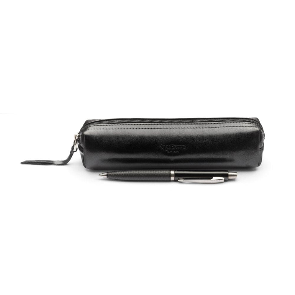 Leather pencil case, black, front