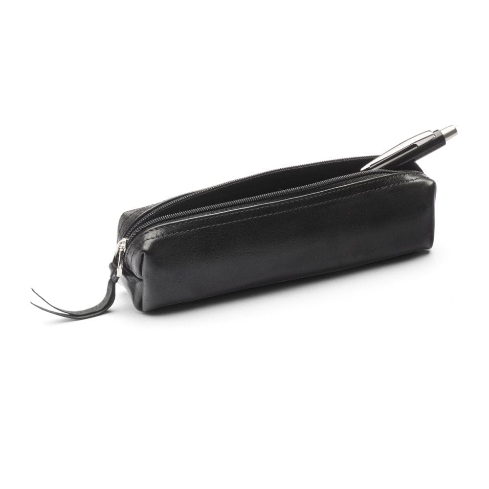 Leather pencil case, black, open