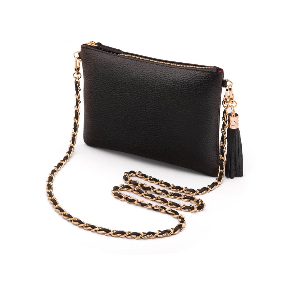 Leather cross body bag with chain strap, black
