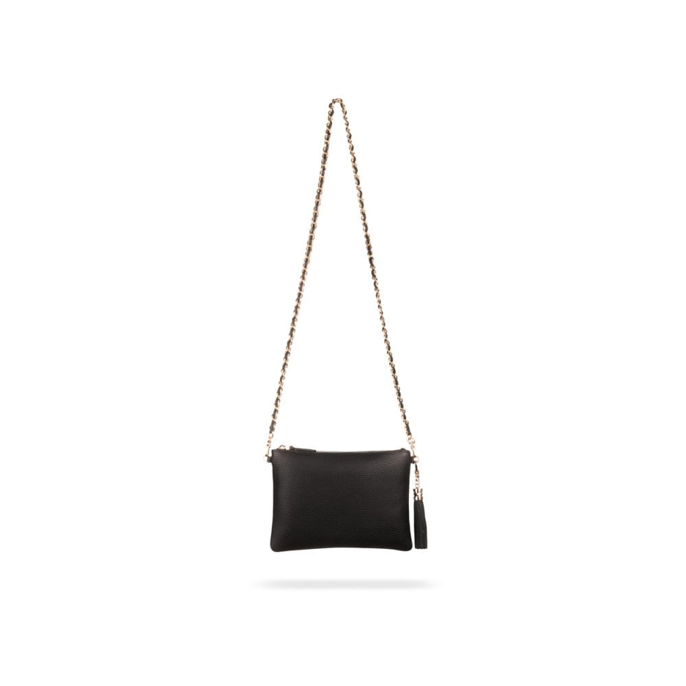 Leather cross body bag with chain strap, black, front
