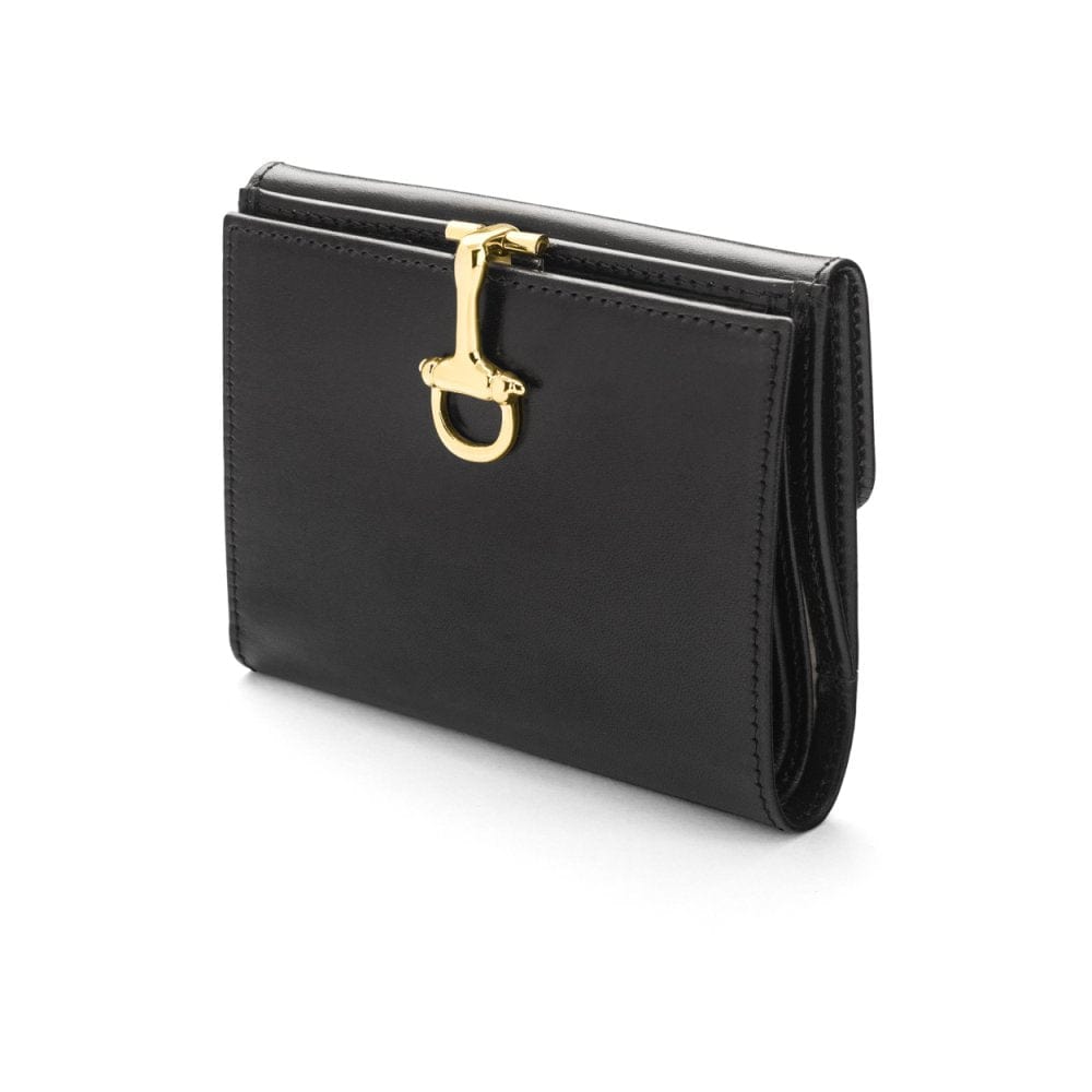 Leather purse with brass clasp, black, front view