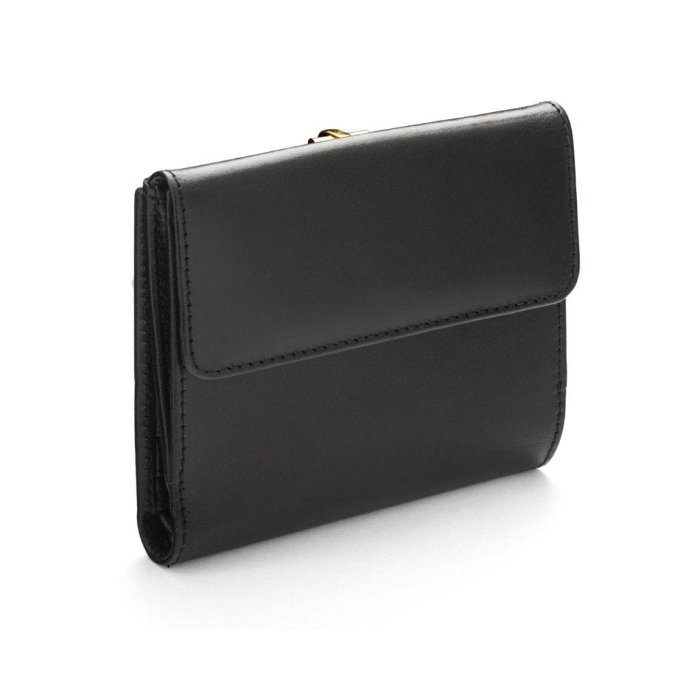 Leather purse with brass clasp, black, back